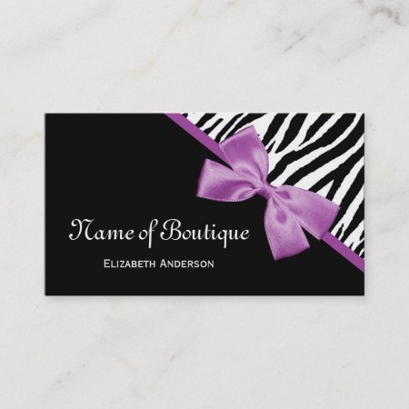Chic Boutique Black And White Zebra Purple Ribbon Business Card