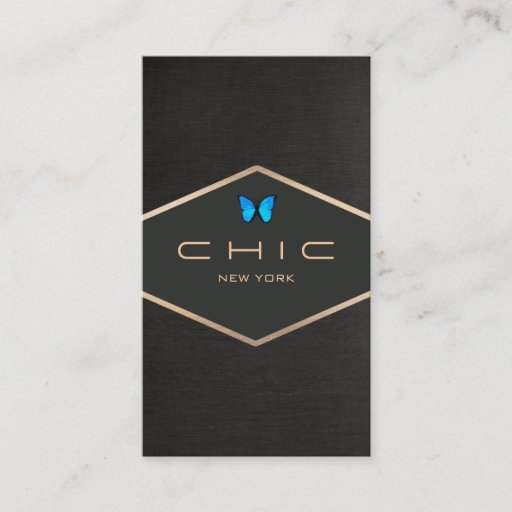 Customizable Chic Boutique Faux Black Linen Blue Butterfly Business Cards