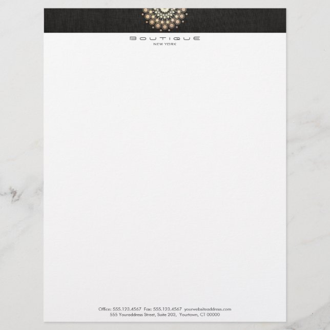 Chic Boutique Gold Circle Motif Faux Black Linen Letterhead (Front)