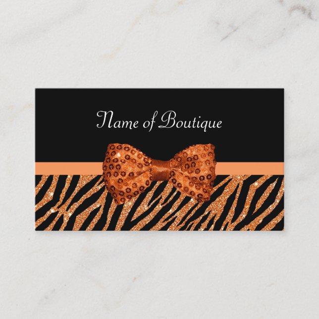 Chic Boutique Orange Zebra Print FAUX Glitz Bow Business Card (Front)