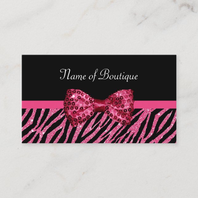 Chic Boutique Pink Zebra Print FAUX Glitz Bow Business Card (Front)