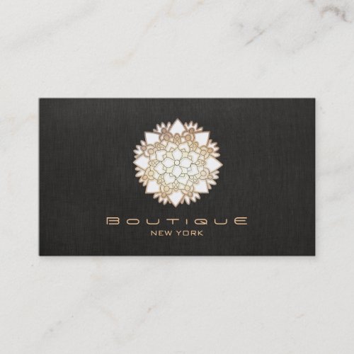 Chic Boutique White Lotus Flower Faux  Black Linen Business Card Template