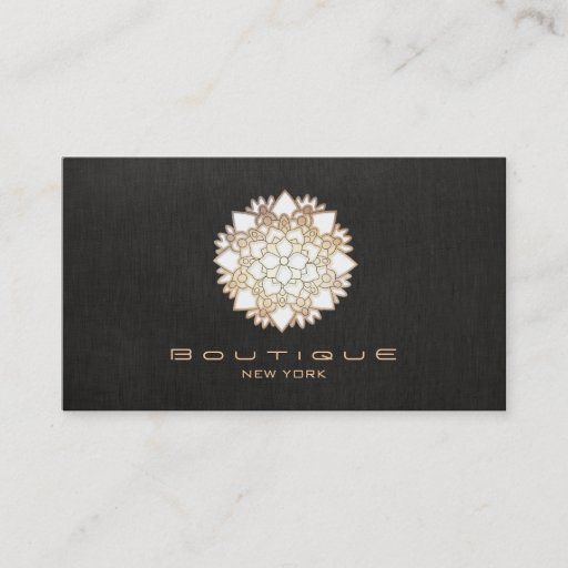 Customizable Chic Boutique White Lotus Flower Faux  Black Linen Business Card Template