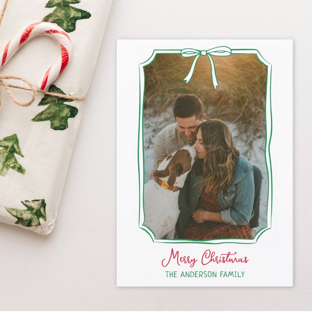 Chic Bow Custom Family Photo Red & Green Christmas Holiday Card (Warm hearts with a festive card featuring a hand-drawn holiday bow and your cherished memories.)