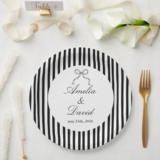Chic Bow Minimalist Stripe Black White Paper Plates (Wedding)