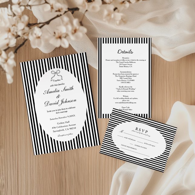 Chic Bow Minimalist Stripe Black White wedding Invitation (Creator Uploaded)