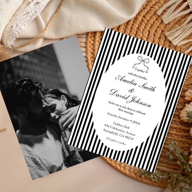 Chic Bow Minimalist Stripe Black white Wedding  Invitation (Creator Uploaded)