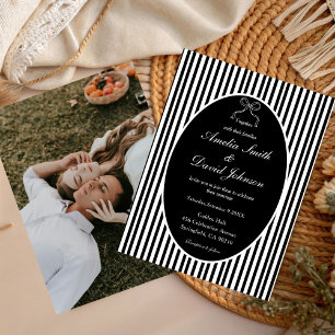 Chic Bow Minimalist Stripe Black white Wedding Invitation