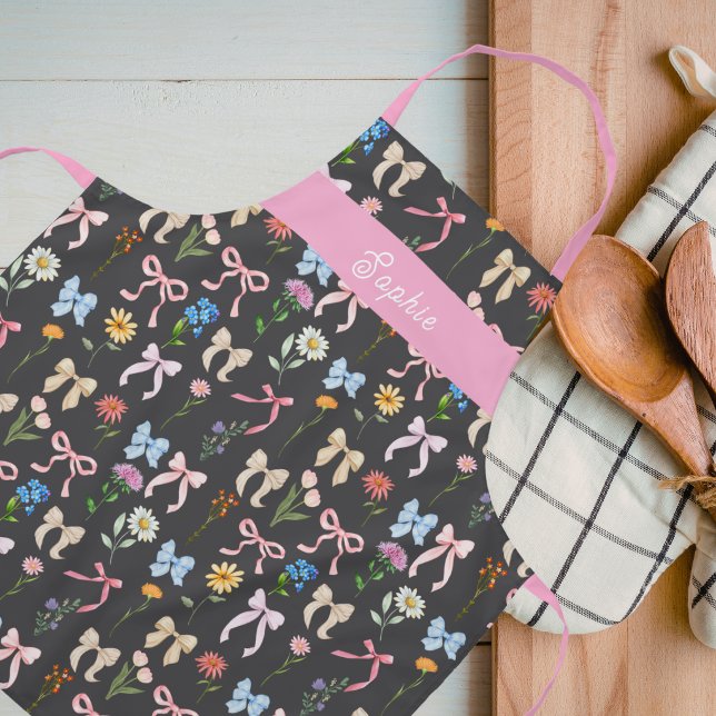 Chic Bow Pink Black Floral Elegance Pattern Baking Apron (Creator Uploaded)