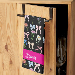 Chic Bow Pink Black Floral Elegance Pattern Kitchen Towel