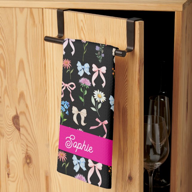 Chic Bow Pink Black Floral Elegance Pattern Kitchen Towel (Thirds Fold)