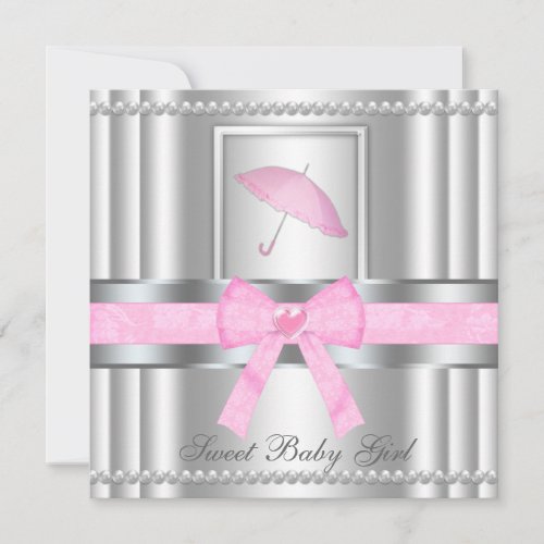 Chic Bowed Silver &amp; Pink Baby Shower Invite