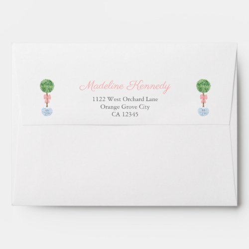 Chic Boxwood Baby Girl Shower Return Address Lined Envelope - Envelope design with a classic pink and white gingham check liner and the name / address flanked by boxwood topiary decorated with a pink bow. This watercolor element was handpainted by me. This design matches my boxwood topiary/ pink range of stationery.