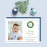 Chic Boxwood Wreath Monogram Tartan Family Photo Holiday Card