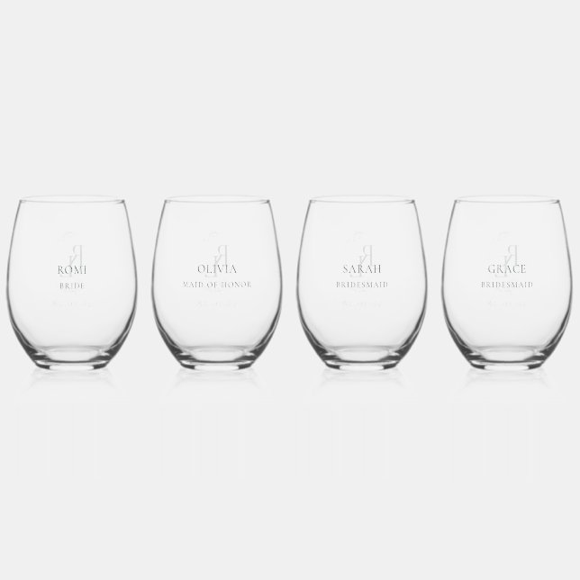 Chic Bridal Party Wedding Monogram 4 Drinkware Set Stemless Wine Glass (Front)