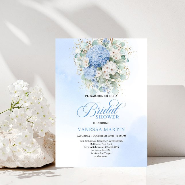 Chic Bridal Shower Blue Hydrangeas Gold Invitation (Chic Bridal Shower Blue Hydrangeas Gold Invitation)