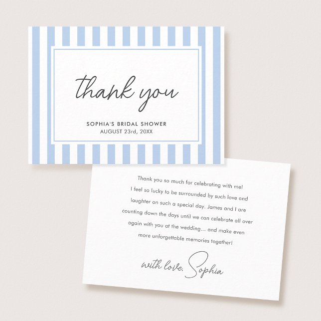 Chic Bridal Shower Modern Script Blue Stripes Thank You Card (Creator Uploaded)