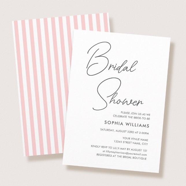 Chic Bridal Shower Modern Script Pink Stripes Invitation (Creator Uploaded)
