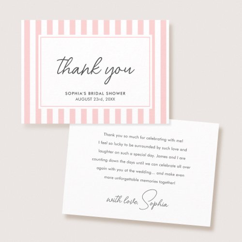 Chic Bridal Shower Modern Script Pink Stripes Thank You Card