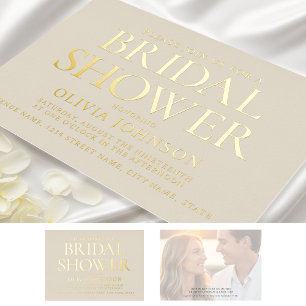 Chic Bridal Shower Photo Typography Beige Gold Foil Invitation