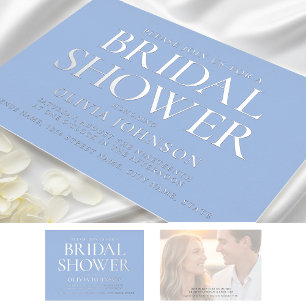 Chic Bridal Shower Photo Typography Blue Silver Foil Invitation