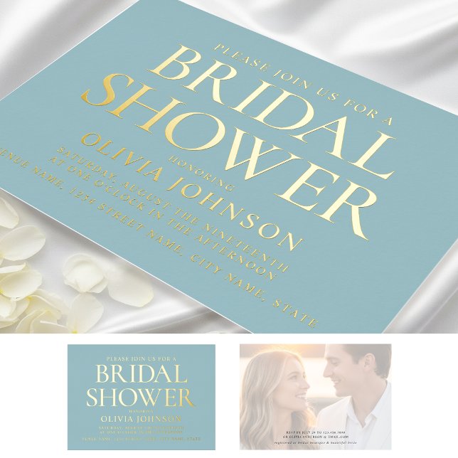Chic Bridal Shower Photo Typography Teal Gold Foil Invitation (Creator Uploaded)