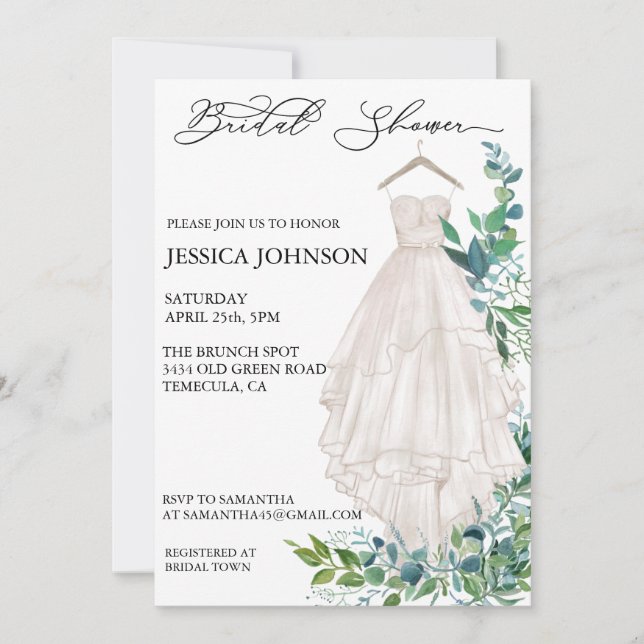 Chic Bridal Shower Wedding Dress Eucalyptus Leaves Invitation (Front)