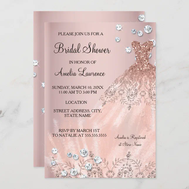 Chic Bride blush pink dress Diamond Bridal Shower Invitation | Zazzle