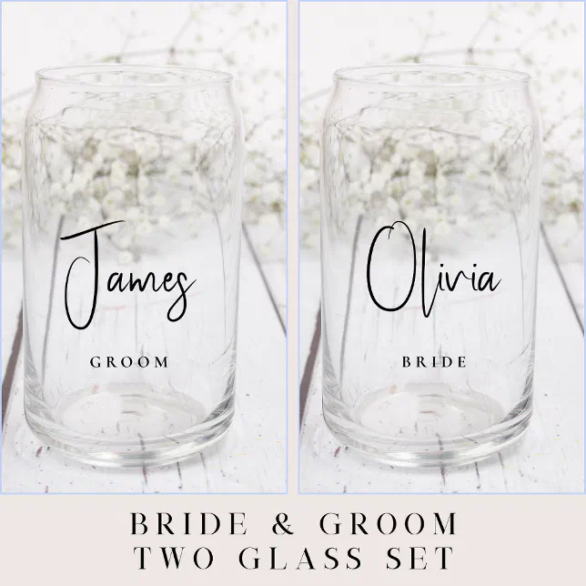 Chic Bride Groom Script Wedding Can Glass | Zazzle
