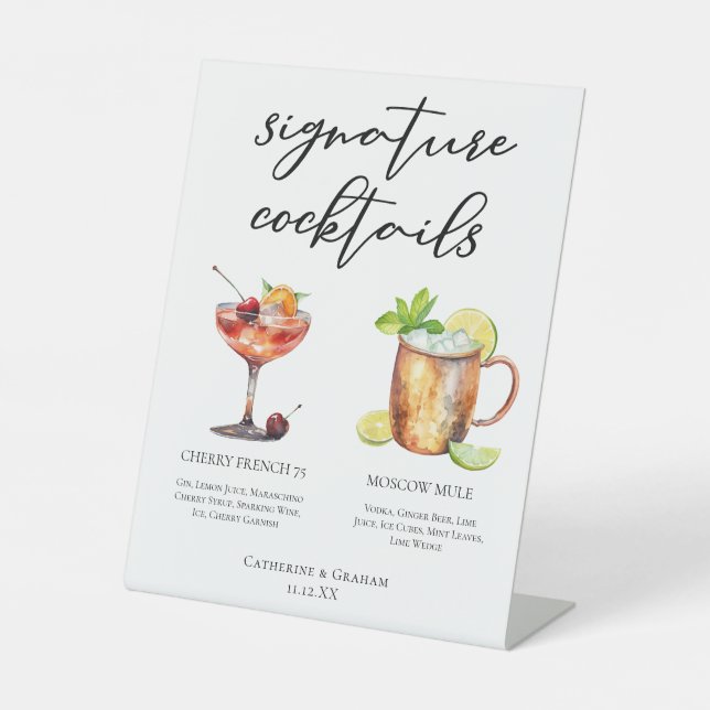 Chic Bride Groom Signature Cocktails Wedding Menu Pedestal Sign (Front)