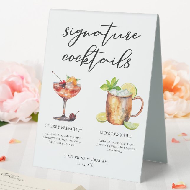 Chic Bride Groom Signature Cocktails Wedding Menu Table Tent (In SItu (Wedding))