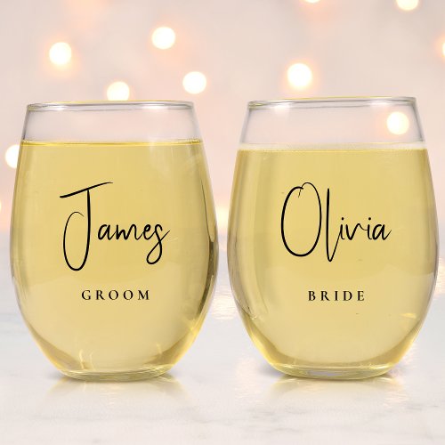 Chic Bride Groom Wedding Stemless Wine Glass