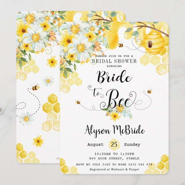 Chic Bride to Bee Yellow Floral Bridal Shower Invitation (Front/Back)
