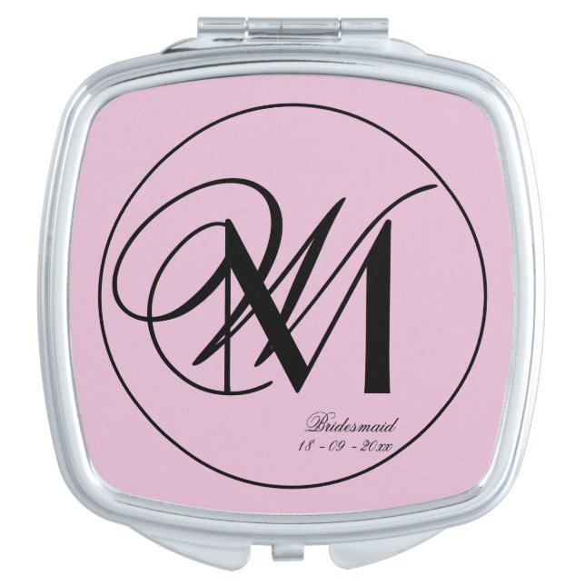 Chic Bridesmaid Gift Double Black Initials Pink Compact Mirror (Front)