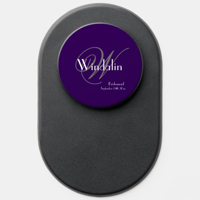 Chic Bridesmaid Grey Monogram White Name Purple PopSocket (Popsocket)