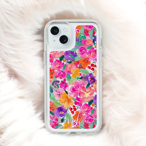 Chic bright bold loose floral watercolor monogram iPhone 15 plus case