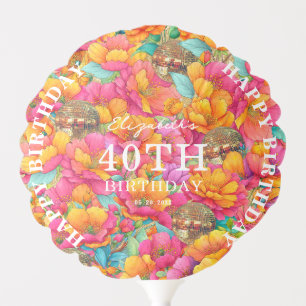 Chic Bright Floral Gold Disco Ball Happy Birthday Balloon