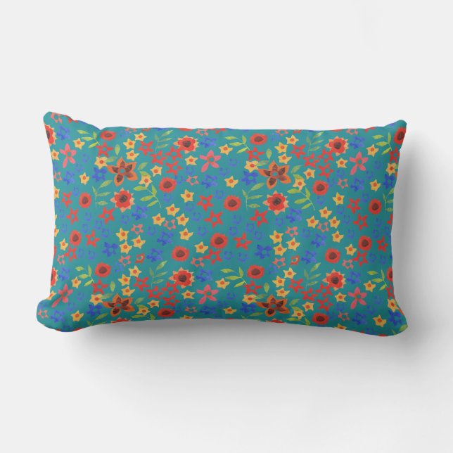 Chic Bright Floral Miniprint on Teal Lumbar Pillow (Front)