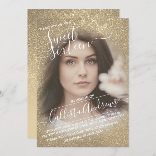 Chic Bright Gold Glitter Ombre Photo Graduation Invitation