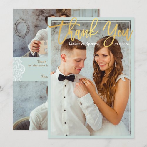 Chic Bright Mint Faux Gold Script Photo Thank You