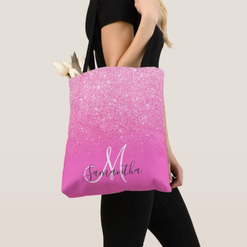 Chic bright pink glitter ombre block monogram tote bag