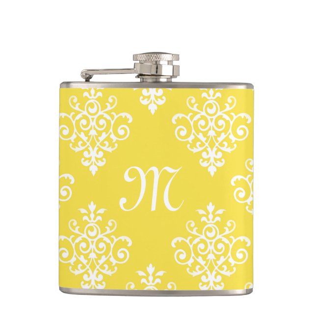 Chic Bright Yellow Damask and Fashionable Monogram Flask (Front)