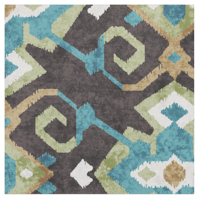 Chic brown and teal ikat tribal pattern fabric (Close Up)