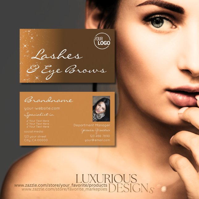 Chic Brown Beige Glitter Stars with Logo and Photo Business Card (Creator Uploaded)