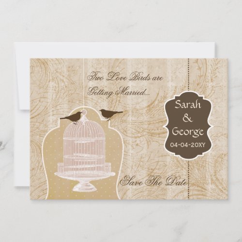 Chic brown bird cage love birds save the dates invitation