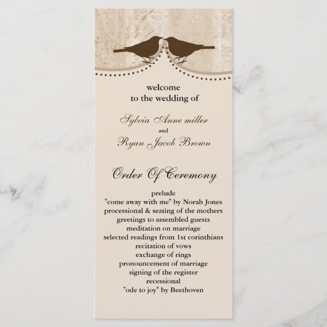 Chic brown bird cage, love birds wedding programs (Front)