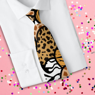 Chic Brown Black and White Animal Print Hearts Tie