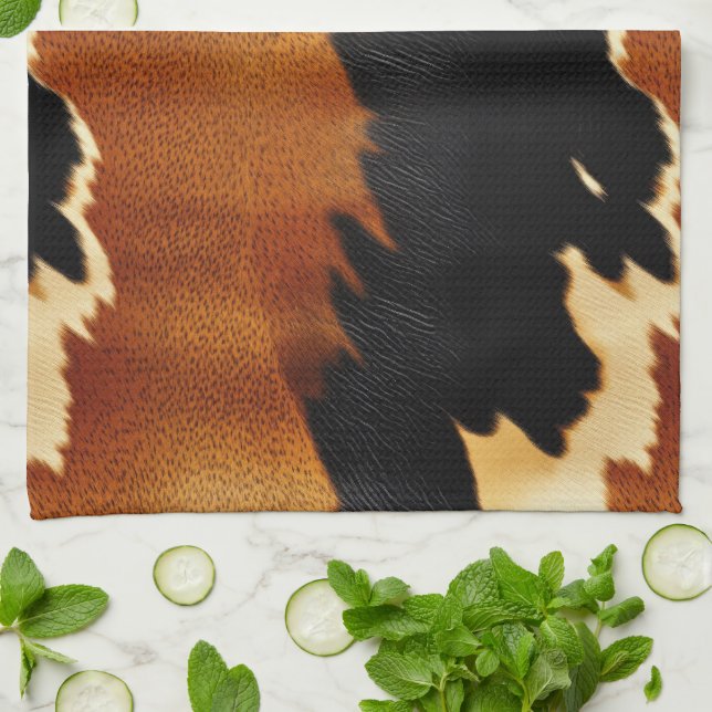 Chic Brown Black Cream Western Cowhide  Kitchen Towel (Folded)