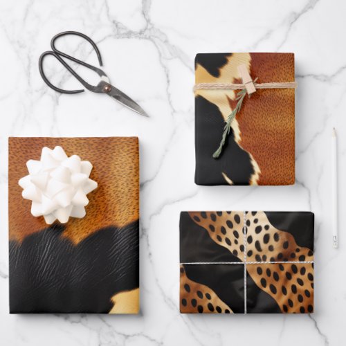 Chic Brown Black Cream Western Cowhide  Wrapping Paper Sheets