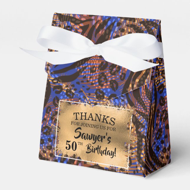 Chic Brown Blue Animal Print Faux Foil Favor Boxes (Front Side)
